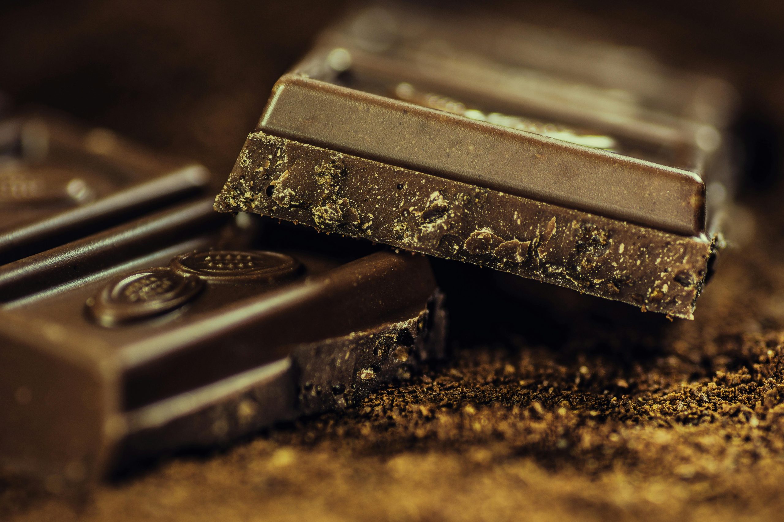 Macro shot of rich dark chocolate bars sprinkled with cocoa powder, highlighting texture and indulgence.